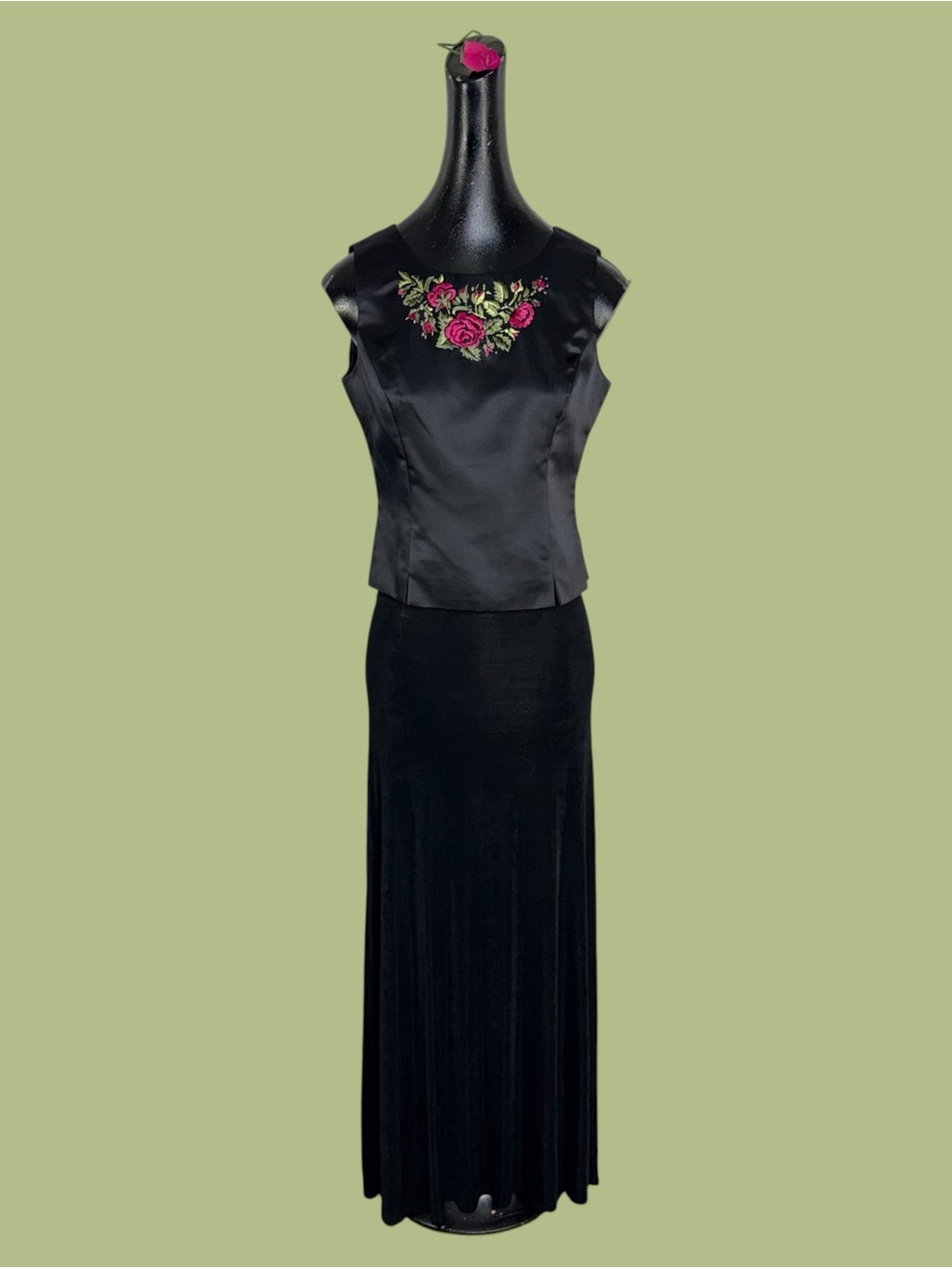 Vintage Kasper Black Satin Sleeveless Top with Pink Rose Embroidery